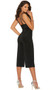Sleeveless stretch Lycra jumpsuit with deep V neckline, double adjustable shoulder straps, over the knee length legs, and back zipper closure.