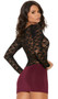 Long sleeve mini dress with sheer floral lace top, stretch Lycra skirt, rhinestone jewel accent and draped front panel.