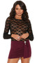 Long sleeve mini dress with sheer floral lace top, stretch Lycra skirt, rhinestone jewel accent and draped front panel.