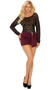 Long sleeve mini dress with sheer floral lace top, stretch Lycra skirt, rhinestone jewel accent and draped front panel.