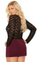 Long sleeve mini dress with sheer floral lace top, stretch Lycra skirt, rhinestone jewel accent and draped front panel.