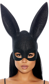 Plastic bunny mask with tall ears, black glitter finish and elastic strap. Glitter is on front side only, back side is plain black. Features two foam cushions on back side for comfort.