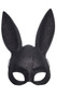Plastic bunny mask with tall ears, black glitter finish and elastic strap. Glitter is on front side only, back side is plain black. Features two foam cushions on back side for comfort.
