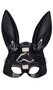 Plastic bunny mask with tall ears, black glitter finish and elastic strap. Glitter is on front side only, back side is plain black. Features two foam cushions on back side for comfort.