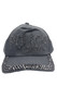 Black baseball style cap with studded black rhinestones saying POLICE, studded brim, and adjustable back hook and loop closure.