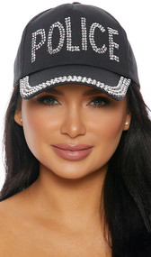 Black baseball style cap with studded silver rhinestones saying POLICE, studded brim, and adjustable back hook and loop closure.