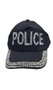 Black baseball style cap with studded silver rhinestones saying POLICE, studded brim, and adjustable back hook and loop closure.