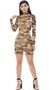 Camouflage print sheer mesh mini dress with long sleeves. Pull on style.
