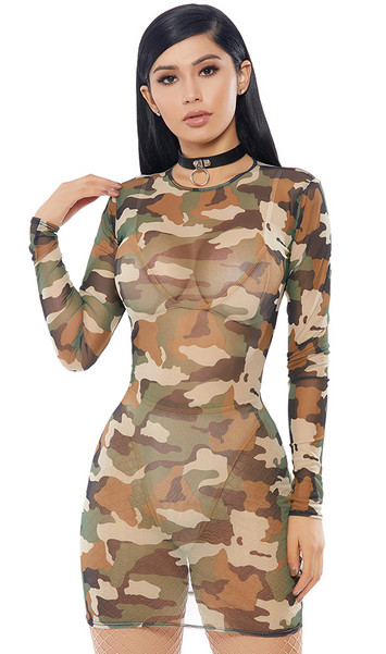 Camouflage print sheer mesh mini dress with long sleeves. Pull on style.
