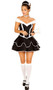 Sexy Chamber Maid costume includes sleeveless off the shoulder dress with v neckline, double layer skirt, contrast white trim, and satin bow detail. Head piece, choker and feather duster also included. Four piece set.