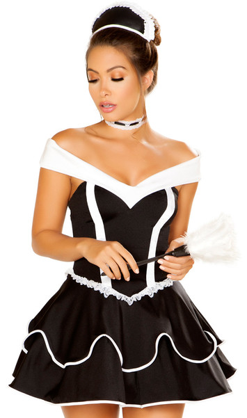 Sexy Chamber Maid costume includes sleeveless off the shoulder dress with v neckline, double layer skirt, contrast white trim, and satin bow detail. Head piece, choker and feather duster also included. Four piece set.
