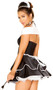 Sexy Chamber Maid costume includes sleeveless off the shoulder dress with v neckline, double layer skirt, contrast white trim, and satin bow detail. Head piece, choker and feather duster also included. Four piece set.