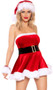 Santa Cutie costume includes strapless velvet mini dress with faux fur trim and attached belt with buckle. One piece set.