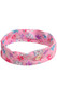 Pink cloth headband with buttons and multi-color flower and metallic butterfly design.