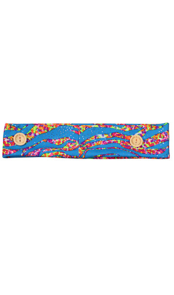 Turquoise blue cloth headband with buttons and metallic under the sea print design.