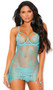 Eyelash lace and mesh babydoll with dotted mesh demi cups with strappy detailing, underwire, adjustable shoulder straps, and keyhole hook and eye back closure. Matching g-string included. Two piece set.