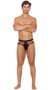 Men's sheer fishnet jock strap with solid stretch Lycra crotch panel, elastic waist, contrast red trim and open back.