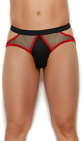 Men's sheer fishnet jock strap with solid stretch Lycra crotch panel, elastic waist, contrast red trim and open back.