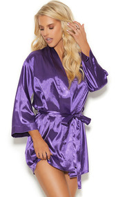 Charmeuse short length kimono style robe with detachable belt and three quarter sleeves.