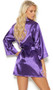 Charmeuse short length kimono style robe with detachable belt and three quarter sleeves.