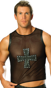 Mesh tank top with leather trim and leather cross trimmed in nail heads.