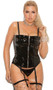 Vinyl zip front corset with buckle detail, boning, and adjustable and detachable straps. Vinyl back with lace up detail. Adjustable and detachable garters. 