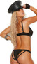Fishnet bra top with triangle cups, leather trim, studded criss cross straps with O Ring detail, adjustable shoulder straps, and hook and eye back closure. Matching strappy thong also included. Two piece set.