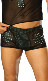 Leather and mesh shorts with cross and nail head detail.