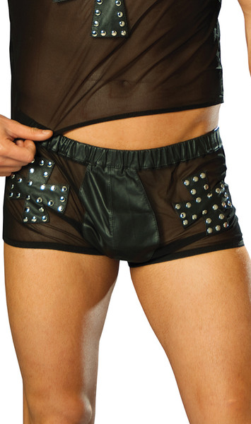 Leather and mesh shorts with cross and nail head detail.