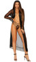 Sheer dotted mesh long length robe with long sleeves, lace trim, ruffled hem, and matching belt. G-string panty with triple straps also included. Two piece set.