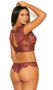 Eyelash lace cami top with short sleeves, wide deep V neck and back, scalloped trim, and back tie closure. Matching crotchless lace panty with cheeky cut back also included. Two piece lingerie set.