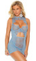 Mesh and eyelash lace babydoll with cut out front panels, underwire cups, high collar neckline with tie neck closure, adjustable shoulder straps, and keyhole hook and eye back closure. Matching G-string included. Two piece set.