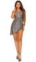 Strapless bandeau style mini dress with asymmetrical hem, gathered waist, and back zipper closure.
