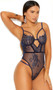 Eyelash lace slip on teddy with strappy underwire cups, keyhole front and back, high cut on the leg with strappy sides, adjustable shoulder straps, hook and eye closure, and thong cut back.