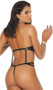 Strappy leather teddy with strategic front cut outs, O ring accents, collar neckline, open sides with elastic double straps, elastic G-string back, adjustable back straps, and back clasp closure.