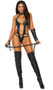 Strappy leather teddy with studded nail head trim, strategic front cut outs, O ring accents, collar neckline, open sides with elastic double straps, elastic G-string back, adjustable back straps, and back clasp closure.