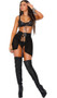 Leather waist cincher with front lace up closure and asymmetrical mesh flyaway skirt with high low hem.