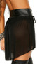 Leather waist cincher with front lace up closure and asymmetrical mesh flyaway skirt with high low hem.