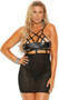 Sleeveless babydoll with leather cage style bodice, elastic strappy neckline with adjustable straps, sheer fishnet skirt with back keyhole, and elastic back straps with hook and eye and clasp closures. Matching G-string included. Two piece lingerie set. 