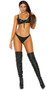 Leather bra with underwire cups, lace up front detail, adjustable shoulder straps and hook and eye back closure.