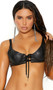 Leather bra with underwire cups, lace up front detail, adjustable shoulder straps and hook and eye back closure.