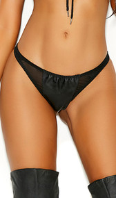 Mesh thong with leather front panel, scalloped trim and cheeky cut back.
