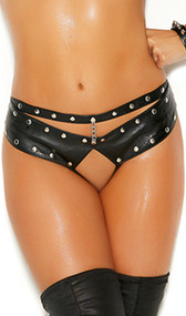Leather crotchless panty studded with nail heads, cut out front with mini chain detail, and stretch Lycra back for a comfortable fit.