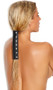 Leather hair wrap studded with nail heads and adjustable hook and loop closure.