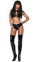 Vinyl and fishnet cami crop top with decorative buckles, keyhole front, wide shoulder straps, and back double adjustable buckle closures. Matching panty with cheeky cut back and zipper closure also included. Two piece set.
