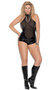 Sleeveless vinyl and mesh romper with high collar neckline with back closure, attached triple chain detail, sheer bodice, and vinyl back with zipper adjustable buckle closures.