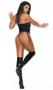 Vinyl corset with lace up front, narrow triangle cups with strappy detail and O ring accents, adjustable halter straps leading to collar neckline with back closure, side zipper closure, and stretch Lycra back for a comfortable fit. Garters are adjustable and detachable.