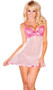 Sheer mesh flyaway-back babydoll and matching g-string. Babydoll has slightly padded cups with underwire and lace overlay. Babydoll has a mesh bodice with satin trim, adjustable straps, adjustable back hook and eye closure, and satin bow detail in both front and back. Accessories not included.