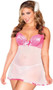 Sheer mesh flyaway-back babydoll and matching g-string. Babydoll has slightly padded cups with underwire and lace overlay. Babydoll has a mesh bodice with satin trim, adjustable straps, adjustable back hook and eye closure, and satin bow detail in both front and back. Accessories not included.