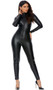 Long sleeve embossed catsuit with mock neck and front zipper closure.